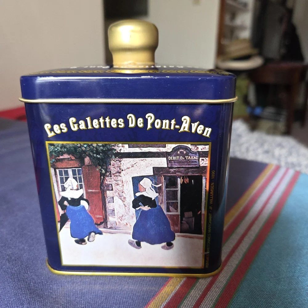 Vintage French Biscuit Tin, Blue and Gold, Top Knob, Les Galette De Pont Aven